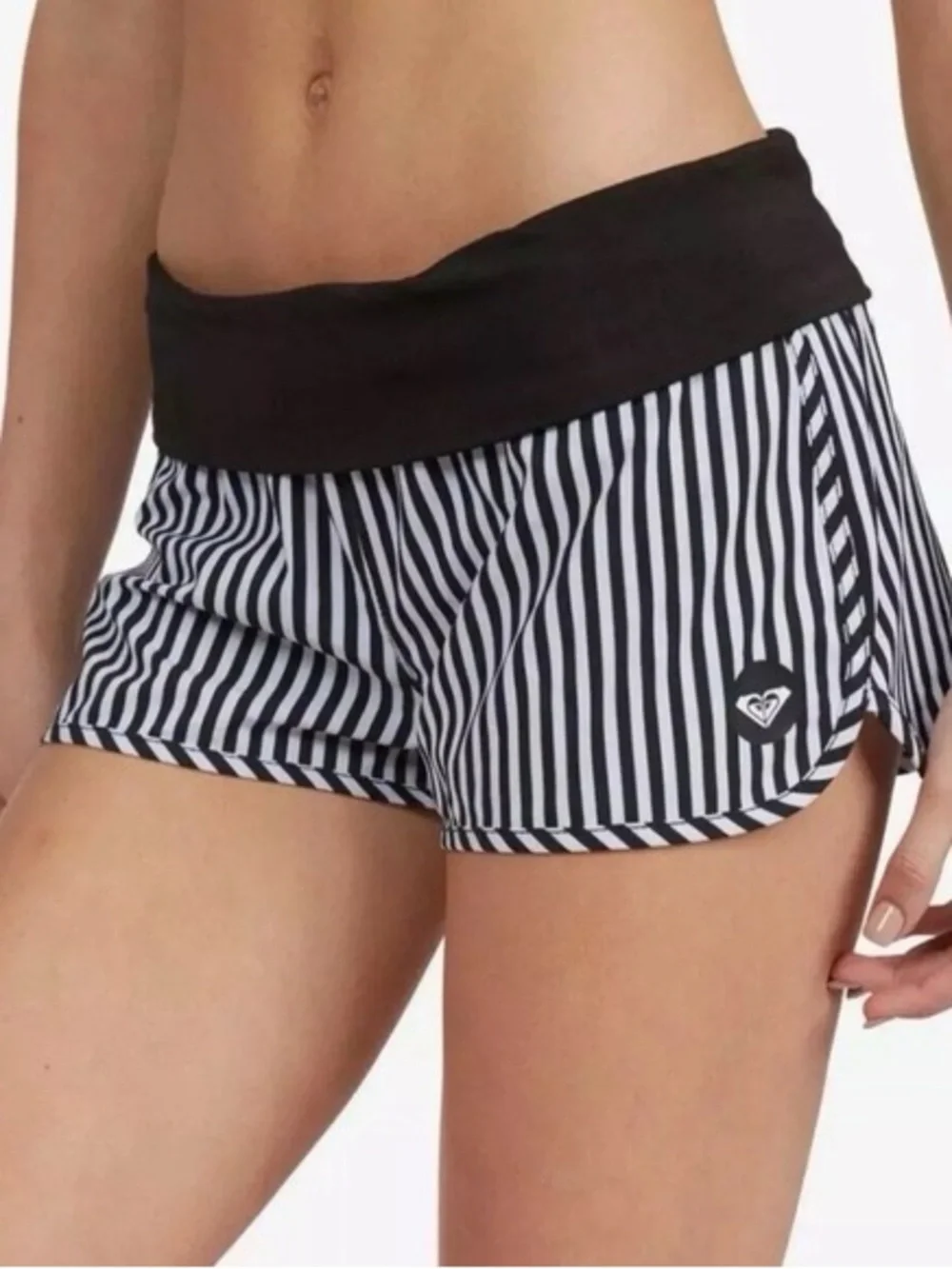 Roxy S Black & White Striped Fold-Over Waist boardShorts